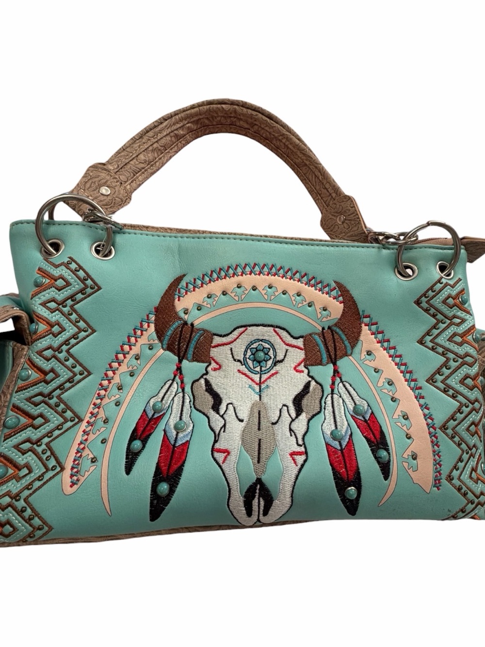 Western shoulder bag embroidered steer skull and feather design-NWT